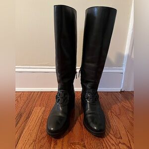 Tory Burch Black Knee-High Riding Boots with Logo Detail